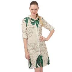 Green Monstera Leaf Illustrations Long Sleeve Mini Shirt Dress by HermanTelo