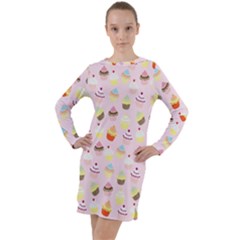 Cupcakes Festival Pattern Long Sleeve Hoodie Dress by beyondimagination