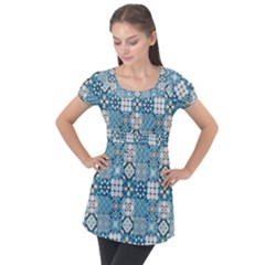 Ceramic Tile Pattern Puff Sleeve Tunic Top by designsbymallika