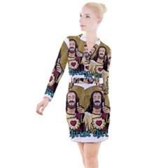 Buddy Christ Button Long Sleeve Dress by Valentinaart