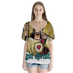 Buddy Christ V-neck Flutter Sleeve Top by Valentinaart