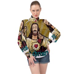 Buddy Christ High Neck Long Sleeve Chiffon Top by Valentinaart