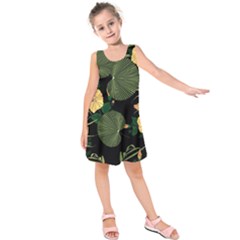 Tropical Vintage Yellow Hibiscus Floral Green Leaves Seamless Pattern Black Background  Kids  Sleeveless Dress by Sobalvarro