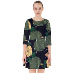 Tropical Vintage Yellow Hibiscus Floral Green Leaves Seamless Pattern Black Background  Smock Dress by Sobalvarro