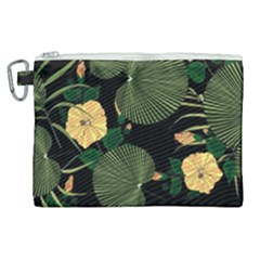 Tropical Vintage Yellow Hibiscus Floral Green Leaves Seamless Pattern Black Background  Canvas Cosmetic Bag (xl) by Sobalvarro