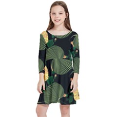 Tropical Vintage Yellow Hibiscus Floral Green Leaves Seamless Pattern Black Background  Kids  Quarter Sleeve Skater Dress by Sobalvarro