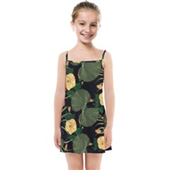 Tropical Vintage Yellow Hibiscus Floral Green Leaves Seamless Pattern Black Background  Kids  Summer Sun Dress by Sobalvarro