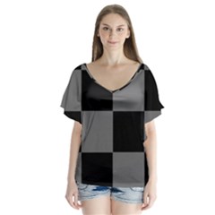 Black Gingham Check Pattern V-neck Flutter Sleeve Top by yoursparklingshop