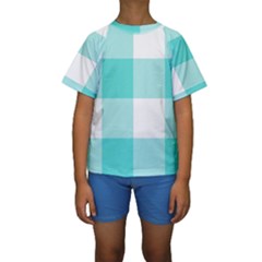 Turquoise And White Buffalo Check Kids  Short Sleeve Swimwear by yoursparklingshop