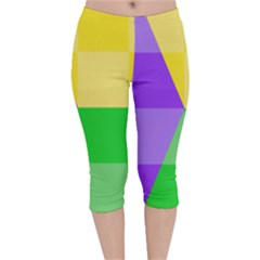 Purple Yellow Green Check Squares Pattern Mardi Gras Velvet Capri Leggings  by yoursparklingshop