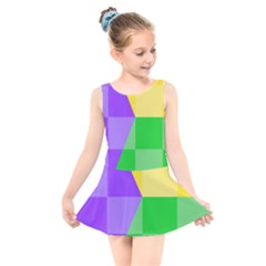 Purple Yellow Green Check Squares Pattern Mardi Gras Kids  Skater Dress Swimsuit by yoursparklingshop