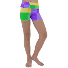 Purple Yellow Green Check Squares Pattern Mardi Gras Kids  Lightweight Velour Yoga Shorts by yoursparklingshop