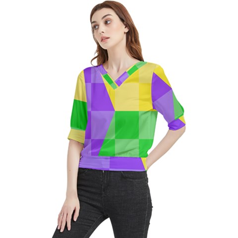 Purple Yellow Green Check Squares Pattern Mardi Gras Quarter Sleeve Blouse by yoursparklingshop