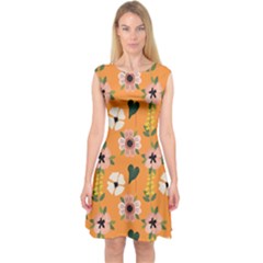 Flower Orange Pattern Floral Capsleeve Midi Dress by Dutashop