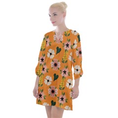 Flower Orange Pattern Floral Open Neck Shift Dress by Dutashop