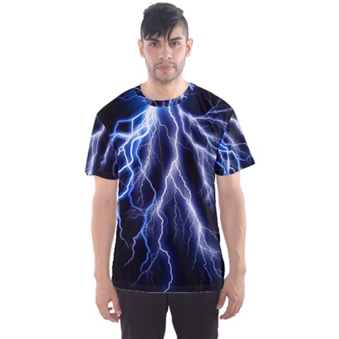 Blue Lightning At Night, Modern Graphic Art  Men s Sport Mesh Tee by picsaspassion