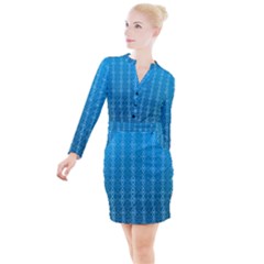 Background Texture Pattern Blue Button Long Sleeve Dress by Dutashop