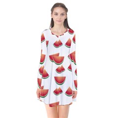 Summer Watermelon Pattern Long Sleeve V-neck Flare Dress by Dutashop