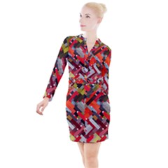 Maze Abstract Texture Rainbow Button Long Sleeve Dress by Dutashop