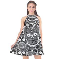 Sugar Skulls Bw Halter Neckline Chiffon Dress  by ExtraAwesomeSauce