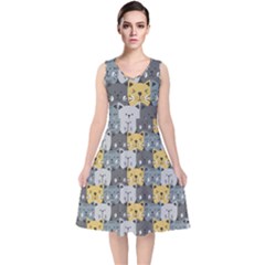 Cute Cat Pattern V-neck Midi Sleeveless Dress  by ExtraAwesomeSauce