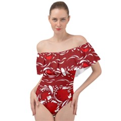 Red Ethnic Flowers Off Shoulder Velour Bodysuit  by Eskimos