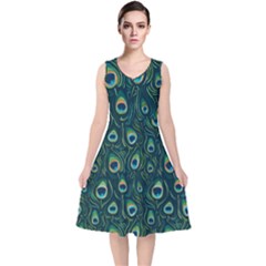 Watercolor Peacock Feather Pattern V-neck Midi Sleeveless Dress  by ExtraAwesomeSauce