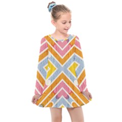 Line Pattern Cross Print Repeat Kids  Long Sleeve Dress by Dutashop