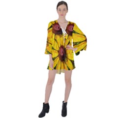 Sunflower Painting V-neck Flare Sleeve Mini Dress by ExtraGoodSauce