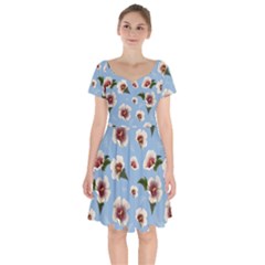 Delicate Hibiscus Flowers On A Blue Background Short Sleeve Bardot Dress by SychEva