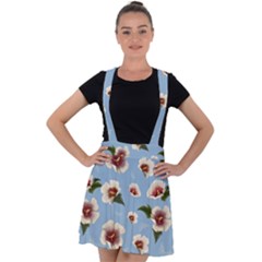 Delicate Hibiscus Flowers On A Blue Background Velvet Suspender Skater Skirt by SychEva