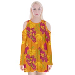 Folk Floral Pattern  Abstract Flowers Print  Seamless Pattern Velvet Long Sleeve Shoulder Cutout Dress by Eskimos