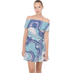 Blue Vivid Marble Pattern Off Shoulder Chiffon Dress by goljakoff