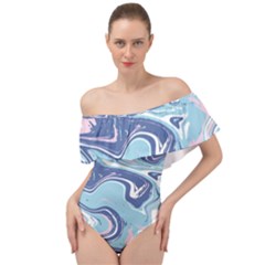 Blue Vivid Marble Pattern Off Shoulder Velour Bodysuit  by goljakoff