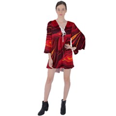 Red Vivid Marble Pattern 15 V-neck Flare Sleeve Mini Dress by goljakoff