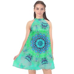 Blue Green  Twist Halter Neckline Chiffon Dress  by LW323