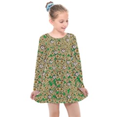 Florals In The Green Season In Perfect  Ornate Calm Harmony Kids  Long Sleeve Dress by pepitasart