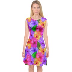 Watercolor Flowers  Multi-colored Bright Flowers Capsleeve Midi Dress by SychEva