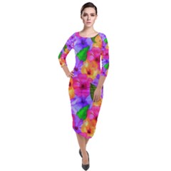 Watercolor Flowers  Multi-colored Bright Flowers Quarter Sleeve Midi Velour Bodycon Dress by SychEva