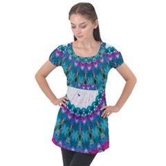 Peacock Puff Sleeve Tunic Top by LW323