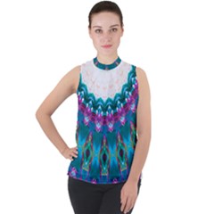 Peacock Mock Neck Chiffon Sleeveless Top by LW323