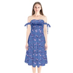 Branches With Peach Flowers Shoulder Tie Bardot Midi Dress by SychEva