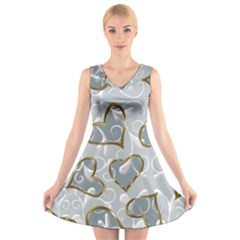   Gold Hearts On A Blue Background V-neck Sleeveless Dress by Galinka