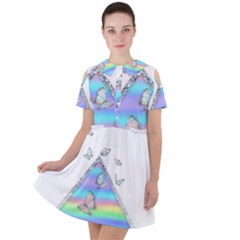 Minimal Holographic Butterflies Short Sleeve Shoulder Cut Out Dress  by gloriasanchez