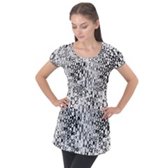 White And Black Modern Abstract Design Puff Sleeve Tunic Top by dflcprintsclothing