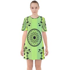 Green Grid Cute Flower Mandala Sixties Short Sleeve Mini Dress by Magicworlddreamarts1