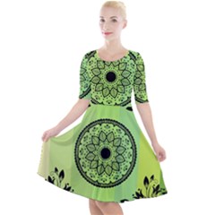 Green Grid Cute Flower Mandala Quarter Sleeve A-line Dress by Magicworlddreamarts1