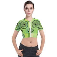 Green Grid Cute Flower Mandala Short Sleeve Cropped Jacket by Magicworlddreamarts1