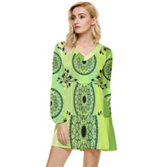 Green Grid Cute Flower Mandala Tiered Long Sleeve Mini Dress by Magicworlddreamarts1