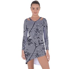 Grey Colors Flowers And Branches Illustration Print Asymmetric Cut-out Shift Dress by dflcprintsclothing